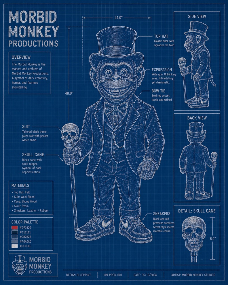 Morbid Monkey mascot blueprint — engineering schematic view